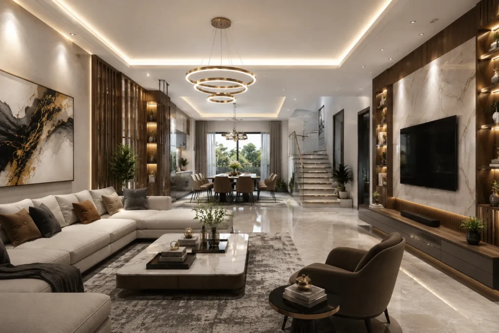 Photorealistic 3D architectural walkthrough visualization of a modern luxury home featuring an open-concept living room, dining area, premium finishes, ambient lighting, marble accents, and contemporary interior design.