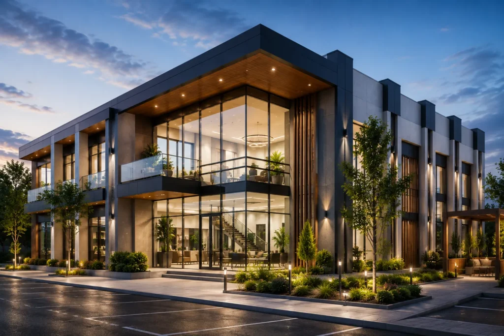 Photorealistic 3D commercial rendering of a modern office building featuring contemporary glass architecture, landscaped surroundings, ambient exterior lighting, premium façade materials, and a spacious corporate entrance.