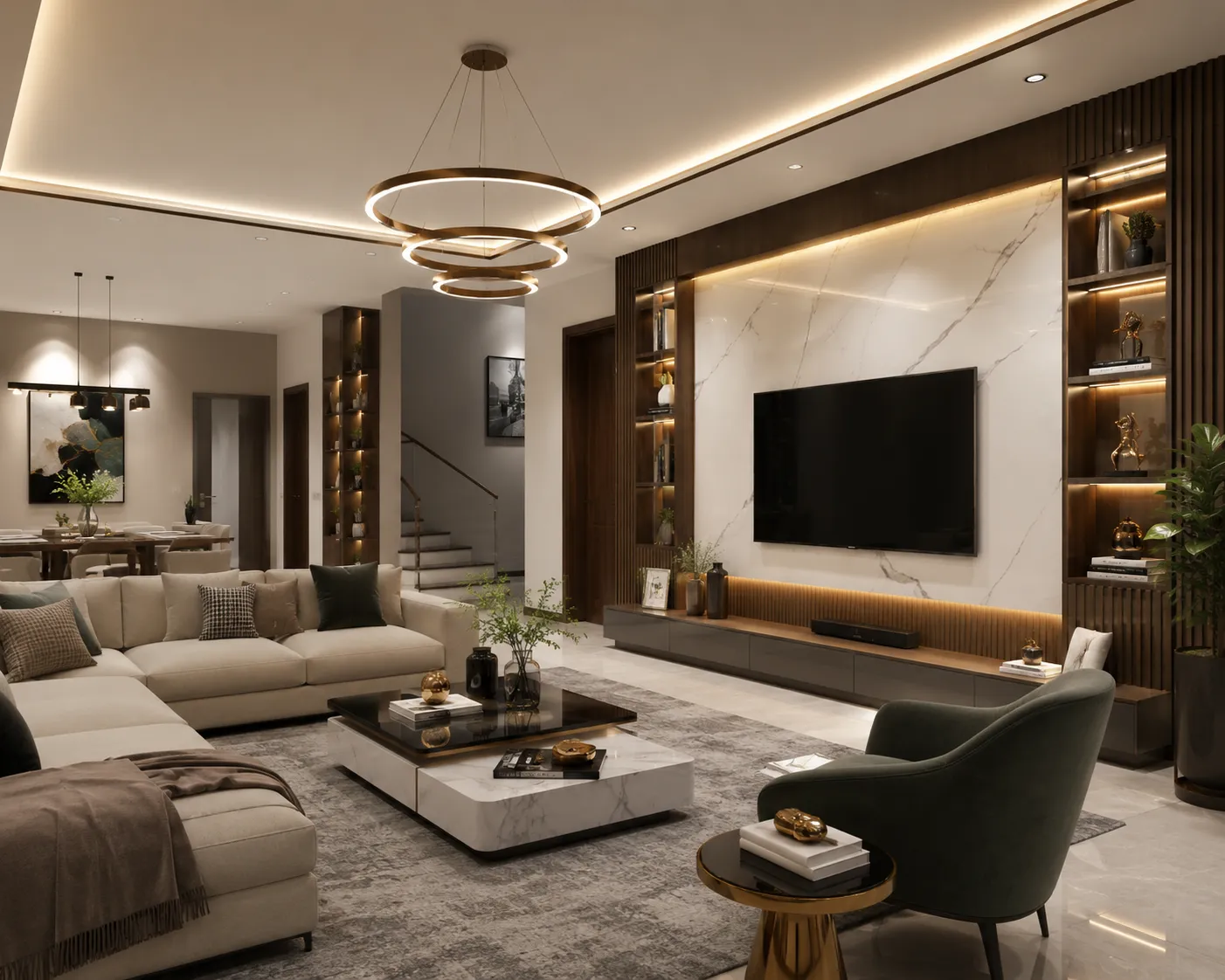 Photorealistic 3D interior design of a modern luxury living room featuring a spacious open layout, marble TV wall, contemporary furniture, ambient LED lighting, and elegant wood accents.